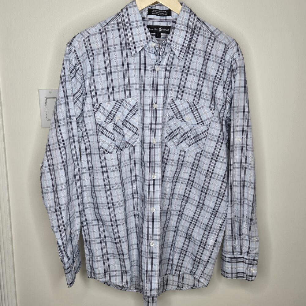 Beverly Hills Polo Club Blue Plaid Longsleeve Button Front Breast Pockets Sz L